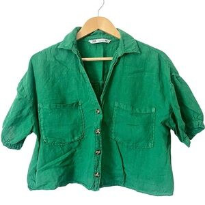 Zara Green Linen Cropped Button-Down Short Sleeve Shirt Size Large